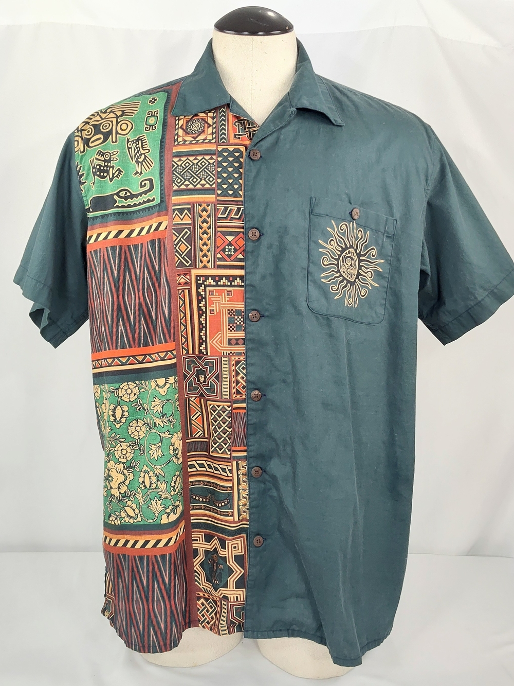 Yiume Men's Green Tribal Patterned Short-Sleeve Button-Up Hawaiian Shirt